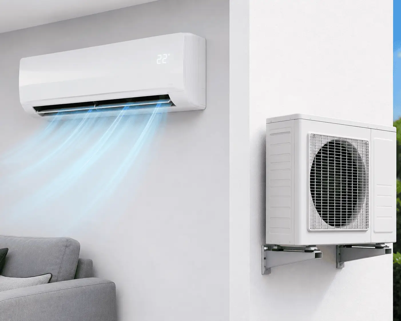 Single split air conditioning system showing both indoor and outdoor units installed